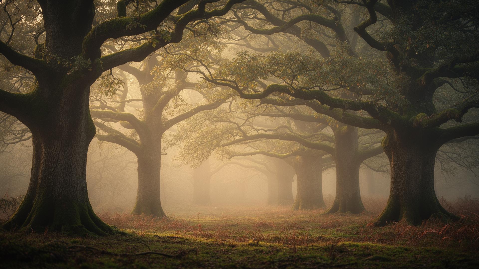 Misty Dorset oak woodland at dawn